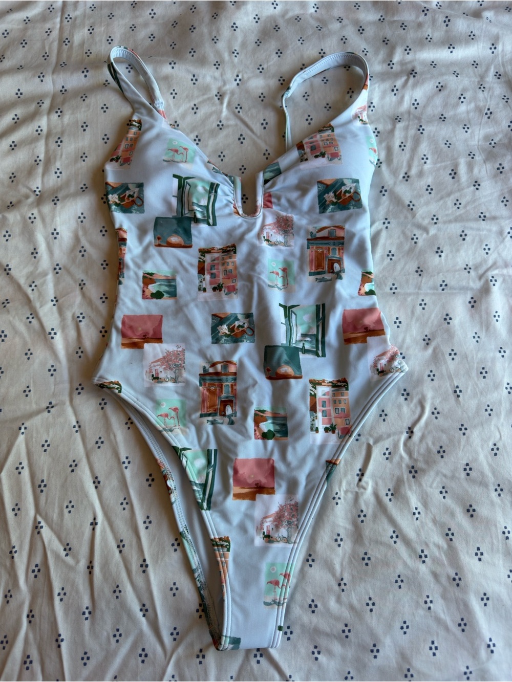 Abercrombie & Fitch White One-Piece Swimsuit with Pastel Print